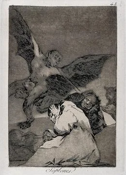 A winged devil figure riding on a cat awakening some monks by blowing on th.. Stock Illustration
