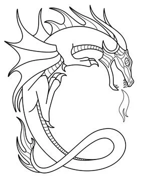Winged Dragon spewing flames - vector linear picture for coloring. Outline. Stock Illustration