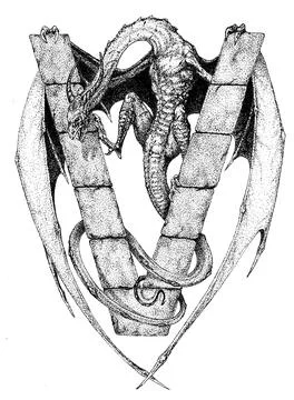 The winged dragon wraps around the stone letter V Stock Illustration