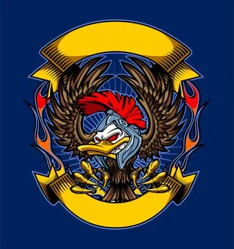 Winged duck head on fire and ribbon Stock Illustration