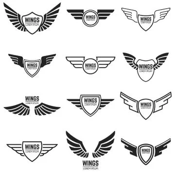 Winged emblems, frames, icons, angel and phoenix wings. Design e イラスト素材