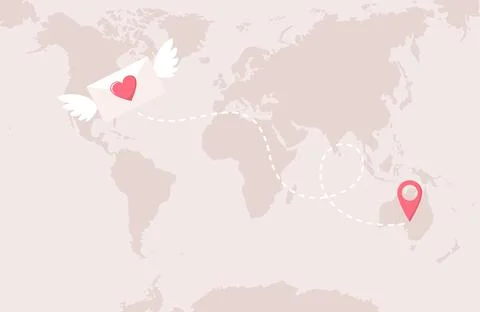 Winged envelope with heart, map pin icon and dashed route on world map Stock Illustration