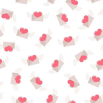 Winged envelopes with hearts inside on a white background, seamless pattern Stock Illustration
