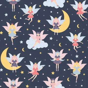 Winged fairy princesses seamless pattern. Cute fairy tale characters Stock Illustration