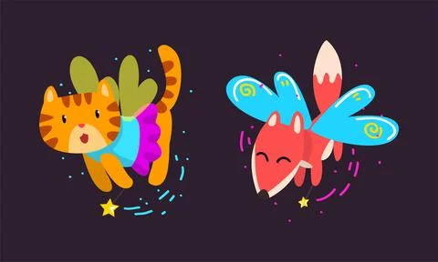 Winged Fox and Tiger Flying with Magic Wand as Fairy or Pixie Vector Set Stock Illustration