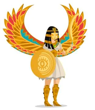 Winged goddess of egypt with shield and scimitar sword Stock Illustration