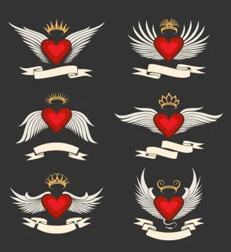 Winged Heart Emblem Set Illustrazione stock