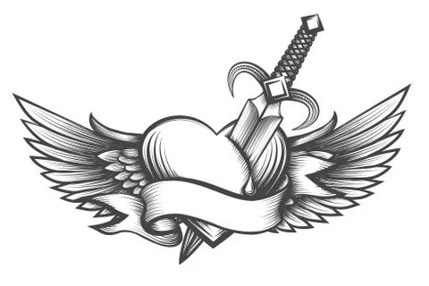 Winged heart pierced by dagger drawn in tattoo style Stock Illustration