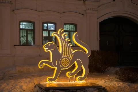 A winged leopard with a round shield on its side Stock Photos