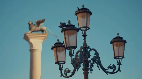 The winged lion of Saint Mark on a column in Venice pigeons on street light Stock Footage 103376305