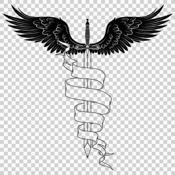 Winged medieval sword surrounded by a ribbon Stock Illustration