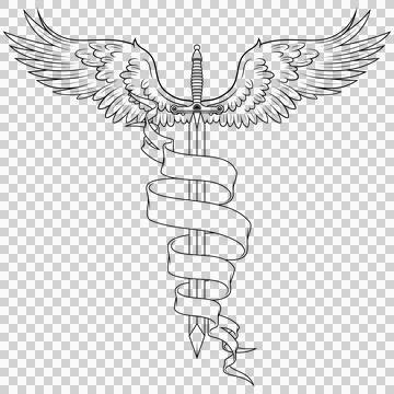 Winged medieval sword surrounded by a ribbon Stock Illustration