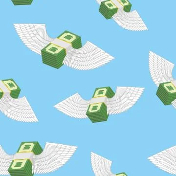 Winged money seamless pattern. Cash in  blue sky. Vector background Stockillustratie