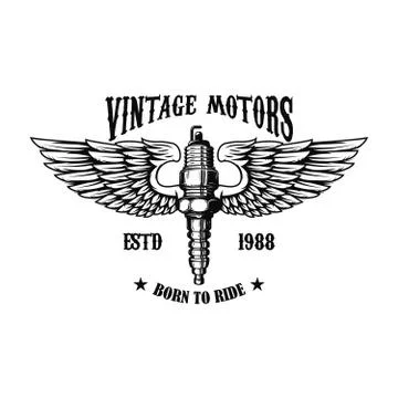 Winged motorcycle spark plug. Design elements for logo, label, sign, menu. Ve Illustrazione stock