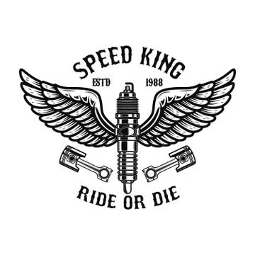 Winged motorcycle spark plug. Design elements for logo, label, sign, menu. Ve Illustrazione stock