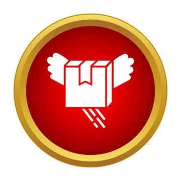 Winged package delivering swiftly in a red and gold circle icon Stock Illustration