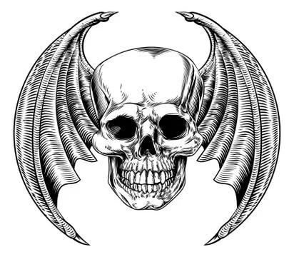 Winged Skull Etching Style Stock Illustration