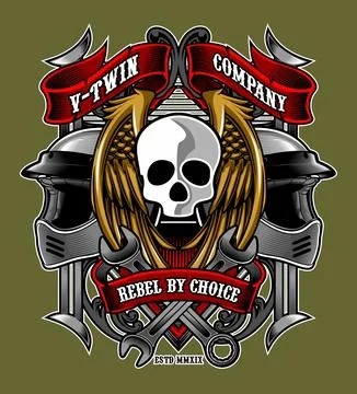 Winged skull flanked by two helmets Stock Illustration