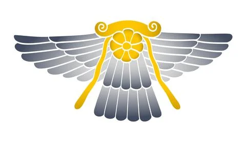 Winged solar disk of god Ashur, a sun emblem with wings and symbol Illustrazione stock