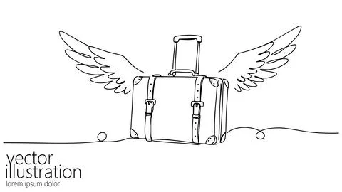 Winged suitcase continuous line drawing. Luggage has handle, straps, buckles Stock Illustration