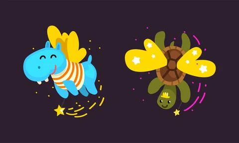 Winged Turtle and Hippo Flying with Magic Wand as Fairy or Pixie Vector Set Stock Illustration