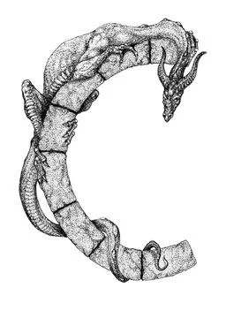 The wingless dragon wraps around the stone letter C Stock Illustration