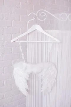 Wings of an angel on a hanger. The white feathers. Stock Photos