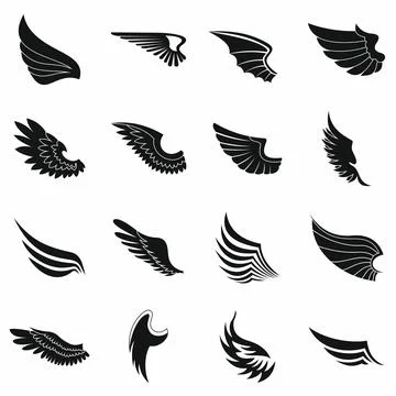 Wings icons set, black simple style Illustrazione stock