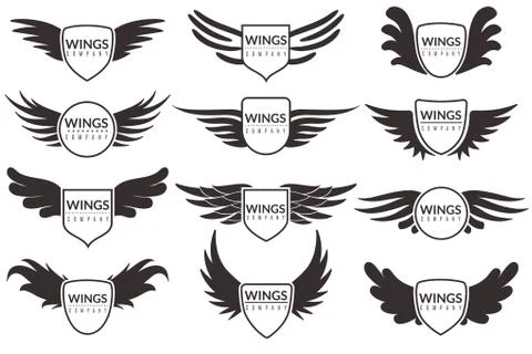 Wings logo. Winged emblems, angel and phoenix wings heraldic symbols, sign for Stock Illustration