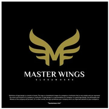 Wings M letter logo. Initial M Wings Logo Template. Golden creative alphabet, Stock-Illustration