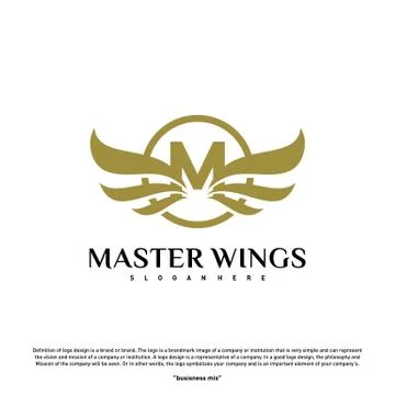 Wings M letter logo. Initial M Wings Logo Template. Golden creative alphabet, Stock Illustration