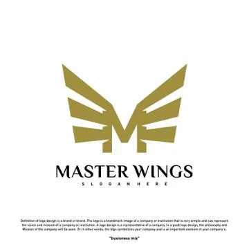 Wings M letter logo. Initial M Wings Logo Template. Golden creative alphabet, Stock Illustration
