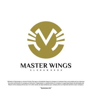 Wings M letter logo. Initial M Wings Logo Template. Golden creative alphabet, Stock Illustration