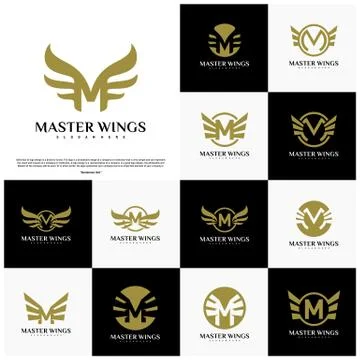 Wings M letter logo. Initial M Wings Logo Template. Golden creative alphabet, Stock Illustration
