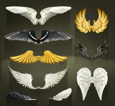 Wings, set vector illustrations on black background Stock Illustration