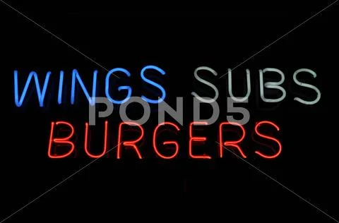 Wings subs burgers sign Stock-Fotos