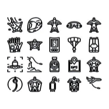 Wingsuit flying and base jumping extreme sports equipment icons Illustrazione stock