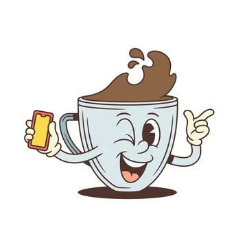 Winking coffee cup cartoon character holding a smartphone and pointing. Retro Ilustración de archivo