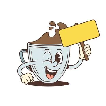 Winking Coffee Cup Holding A Blank Sign Cartoon Character Vector Illustration Ilustración de archivo