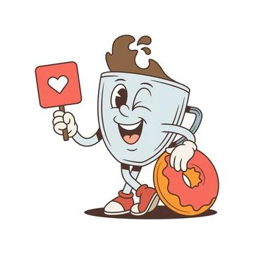 Winking coffee cup mascot holds a heart sign and leans on a donut. Groovy ret Ilustración de archivo