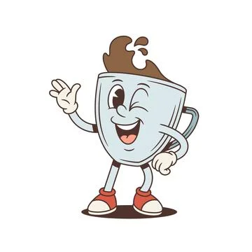 Winking Coffee Cup Waving Hand Retro Cartoon Character Vector Illustration Stock Illustration