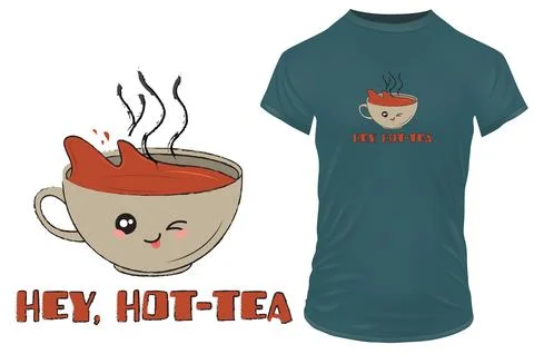 Winking cup of tea with a funny quote hey hot tea Vector illustration Stock Illustration