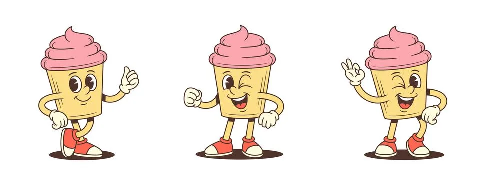 Winking Cupcake Character Gestures And Poses Retro Cartoon Vector Illustratio Stock Illustration