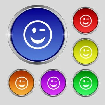 Winking Face icon sign. Round symbol on bright colourful buttons. Vector Ilustración de archivo
