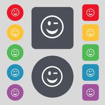 Winking Face icon sign. A set of 12 colored buttons. Flat design. Vector Ilustración de archivo