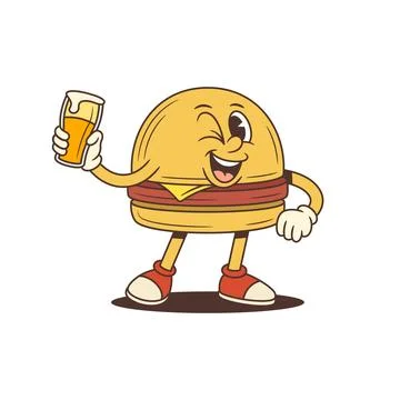 A winking hamburger cartoon character mascot holding a glass of beer with foa Ilustración de archivo