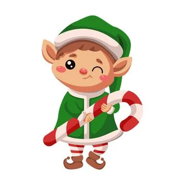 Winking little elf with candy cane flat vector character Stock Illustration
