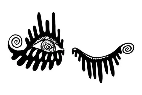 Winking pair of abstract eyes with long eyelashes. Black and white hand drawn Stock Illustration