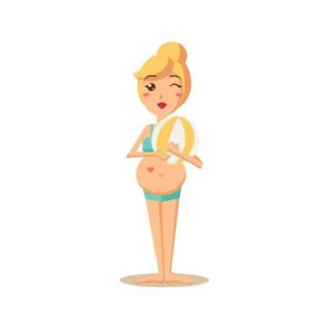 Winking Pregnant Woman Holding Beachball. Vector Illustration Stock Illustration