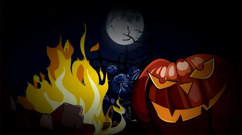 Winking pumpkin around the campfire at night in Halloween Stock-Footage 67535372